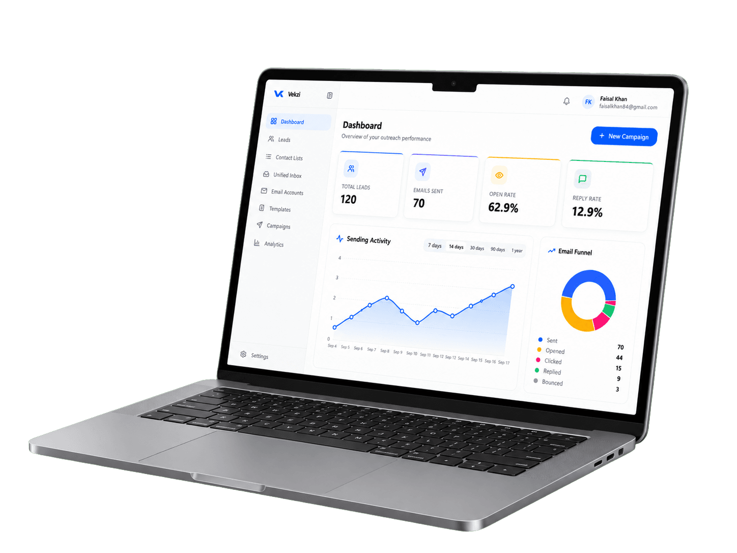 MacBook displaying the Vekzi outreach dashboard